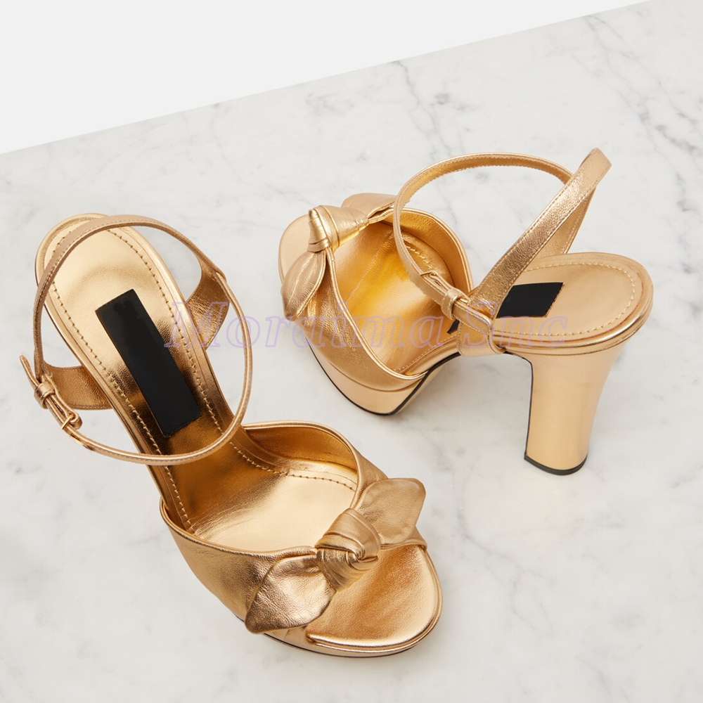 Metallic Heel Sandal - Metallic Leather Platform Sandal Knot Decor