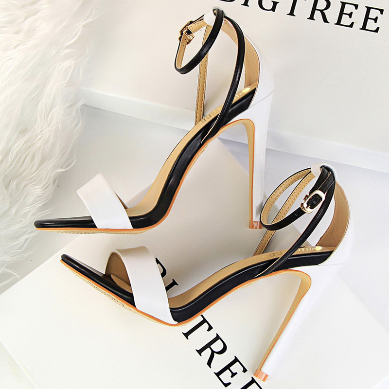 Strappy Heeled Sandals - Women Black-White Concise Leather 11cm High