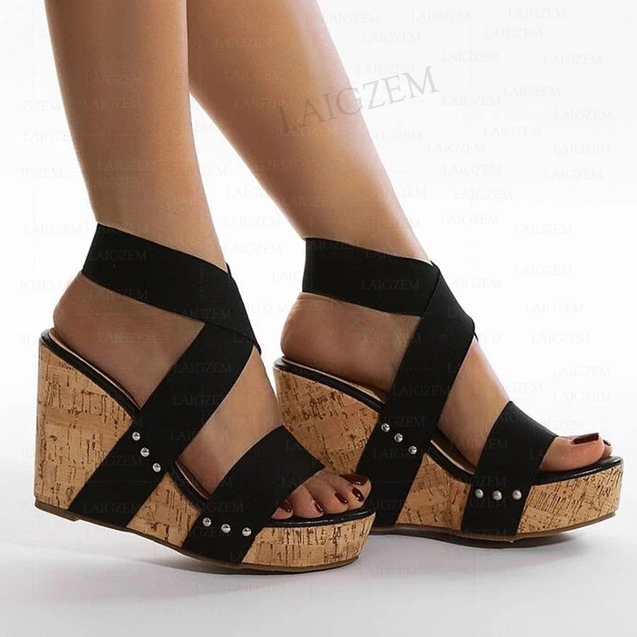 Cork Wedge Sandal - BERZIMER Women Sandals Platform Wedges Elastic