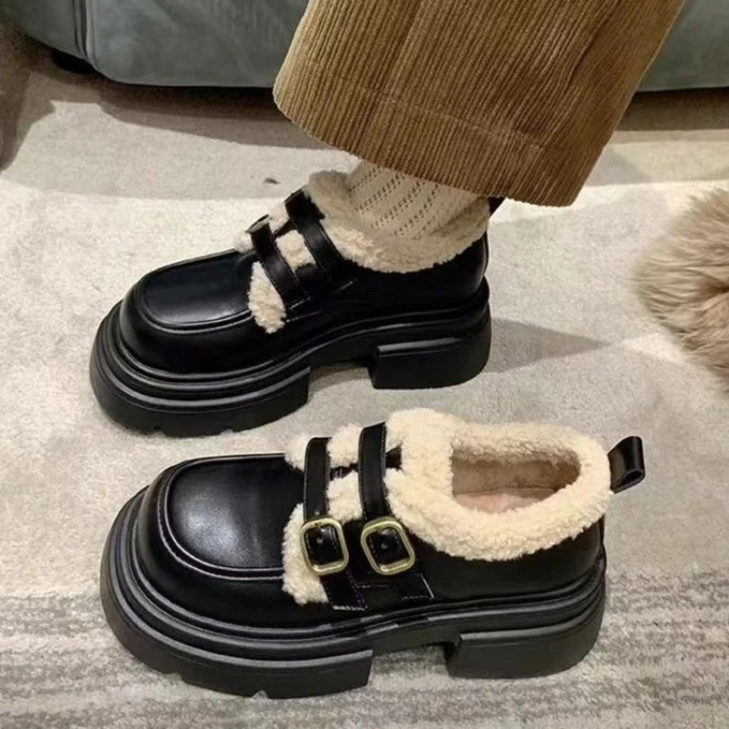 Women Shoes Loafers - Winter British Style Small Leather Shoes