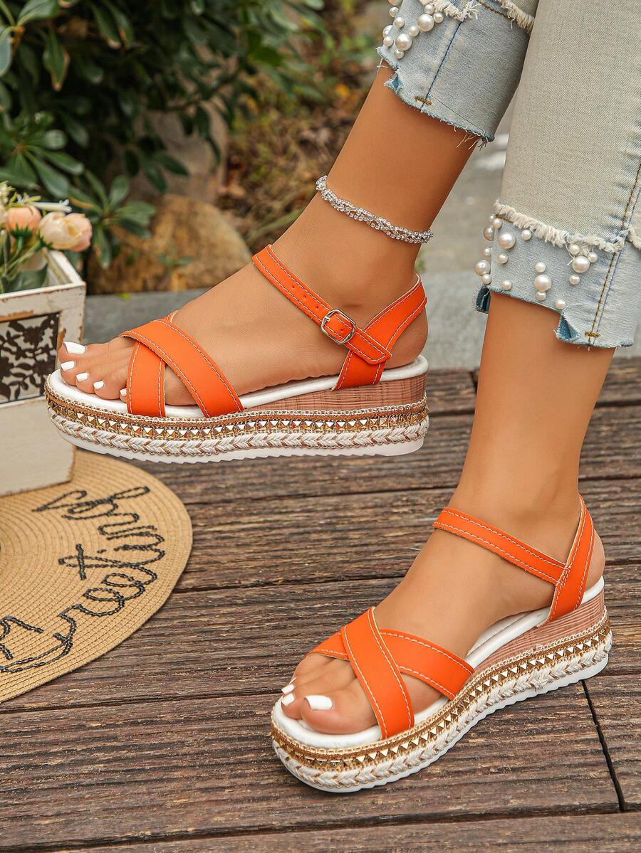 Cork Wedge Sandal - Orange Rivet Decor Ankle Strap Buckle