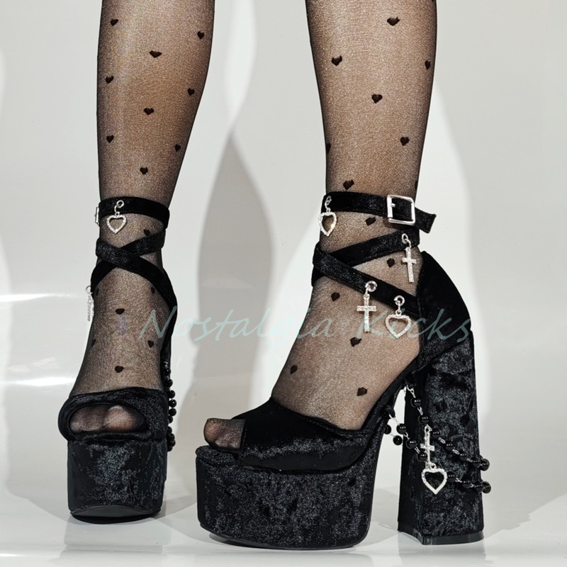 Gothic Black Velvet Platform H - Strappy Heeled Sandals ulasan dan harga