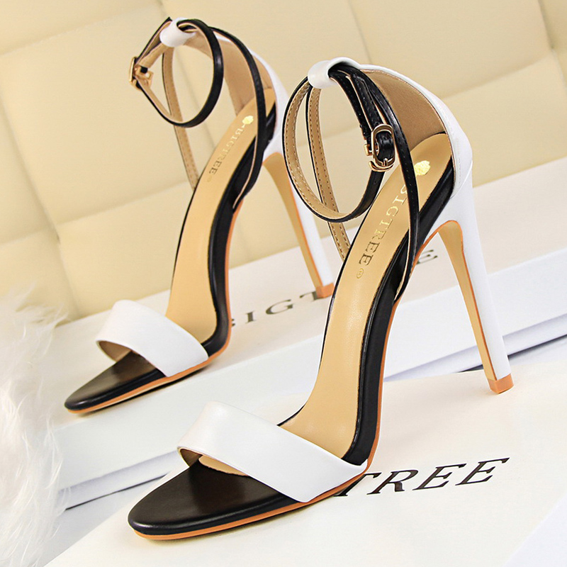 Women Black-White Concise Leat - Strappy Heeled Sandals ulasan dan harga