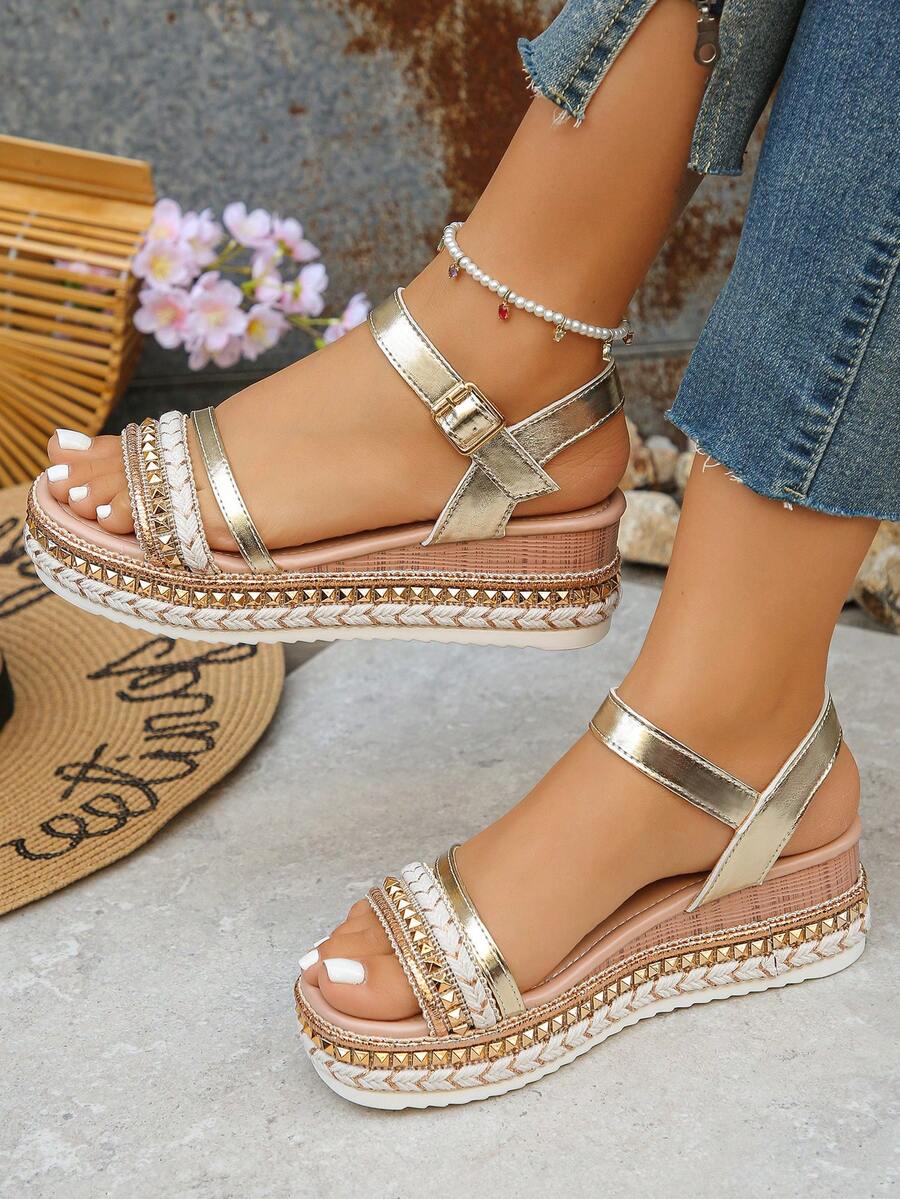 Orange Rivet Decor Ankle Strap - Cork Wedge Sandal ulasan dan harga