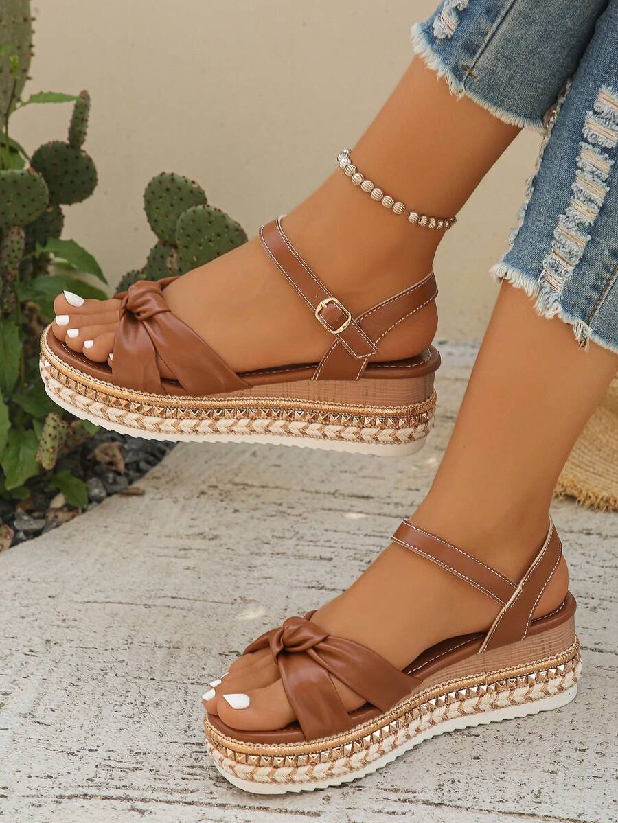 Orange Rivet Decor Ankle Strap - Cork Wedge Sandal ulasan dan harga