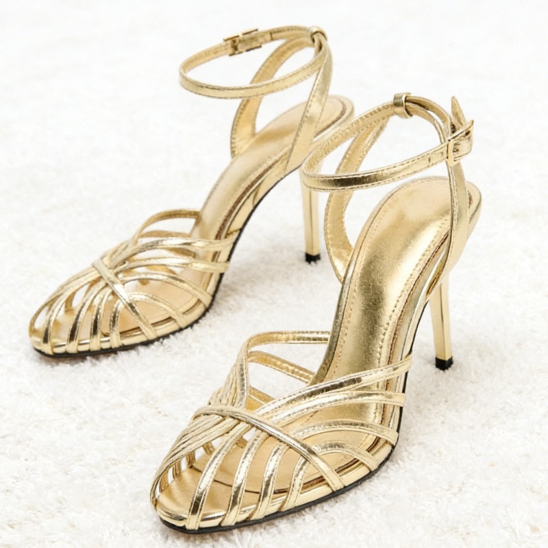 Sexy Gold Hollow Narrow Band H - Metallic Heel Sandal ulasan dan harga