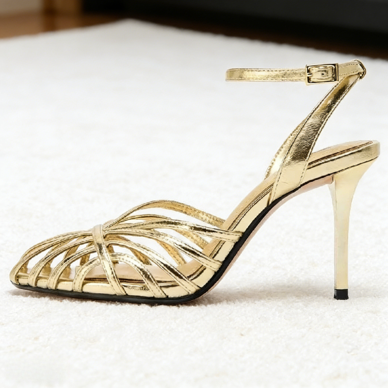 Sexy Gold Hollow Narrow Band H - Metallic Heel Sandal ulasan dan harga